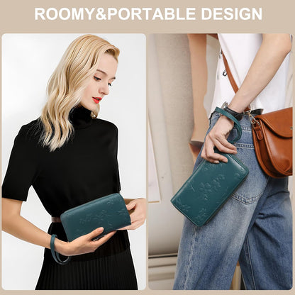 HOTyiijay Womens Wallet RFID Blocking Large Capacity Vegan Leather Double Zip Wristlet Wallet Card Holder Travel Ladies Clutch