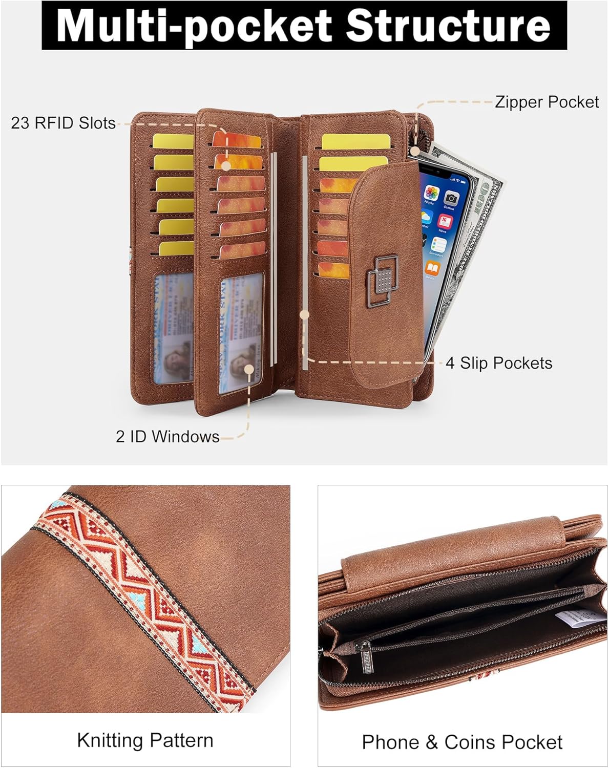 HOTFADEON Leather Wallets for Women, Designer Large RFID Blocking Trifold | Wristlet Purse with Credit Card Holder Organizer, Enough Slots to Accommodate Credit Cards, Ideal Gift for Daily, Travel