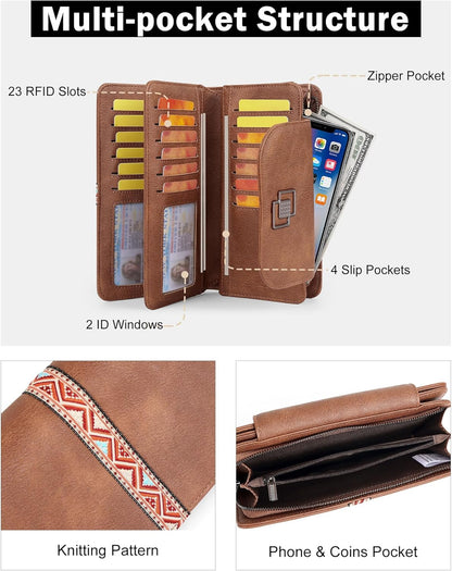 HOTFADEON Leather Wallets for Women, Designer Large RFID Blocking Trifold | Wristlet Purse with Credit Card Holder Organizer, Enough Slots to Accommodate Credit Cards, Ideal Gift for Daily, Travel