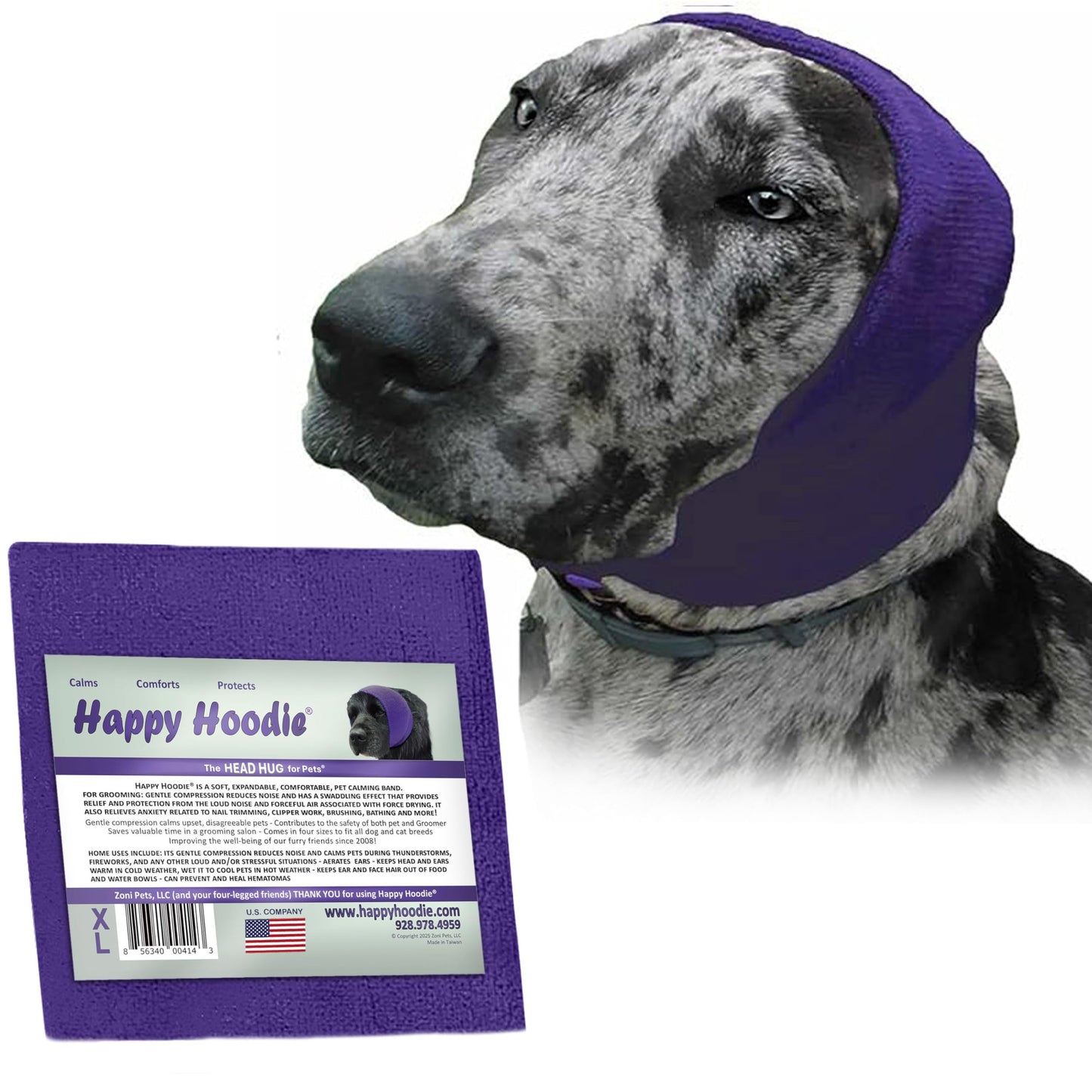 HOTHappy Hoodie The Original Dog & Cat Calming Band - American Brand - Anxiety Relief/Noise Protection - Grooming - Thunder - Fireworks (Black) - Since 2008, Large (Pack of 2)