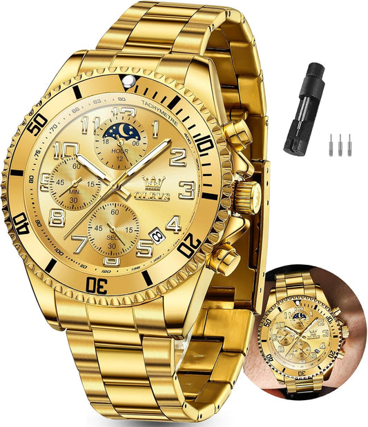 HOTOLEVS Watches Men Waterproof Luxury Big Face Mens Watch Stainless Steel Day Date Quartz Analog Dress Watches for Men Luminous Reloj para Hombres (Green/Blue/Black/Gold)