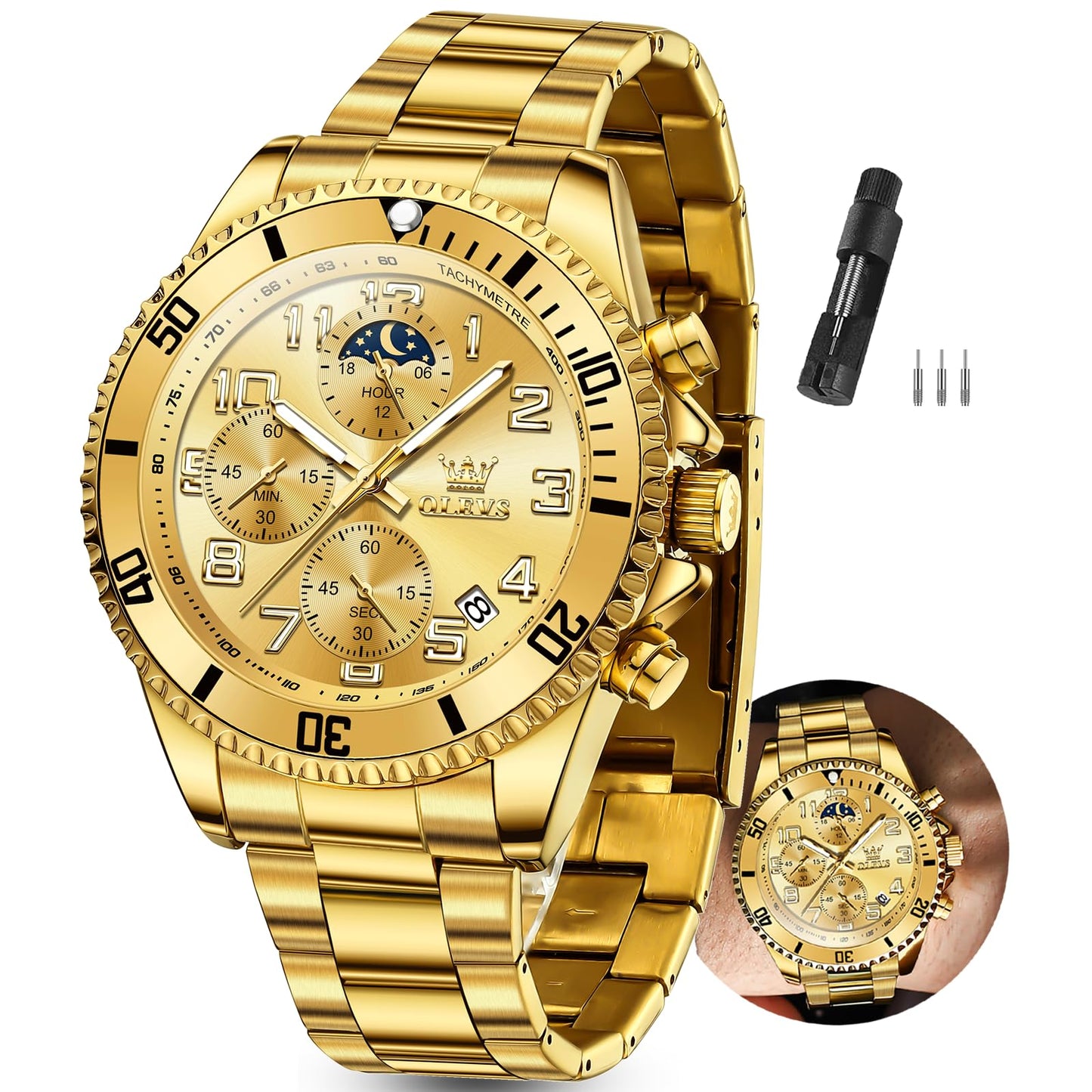 HOTOLEVS Watches Men Waterproof Luxury Big Face Mens Watch Stainless Steel Day Date Quartz Analog Dress Watches for Men Luminous Reloj para Hombres (Green/Blue/Black/Gold)