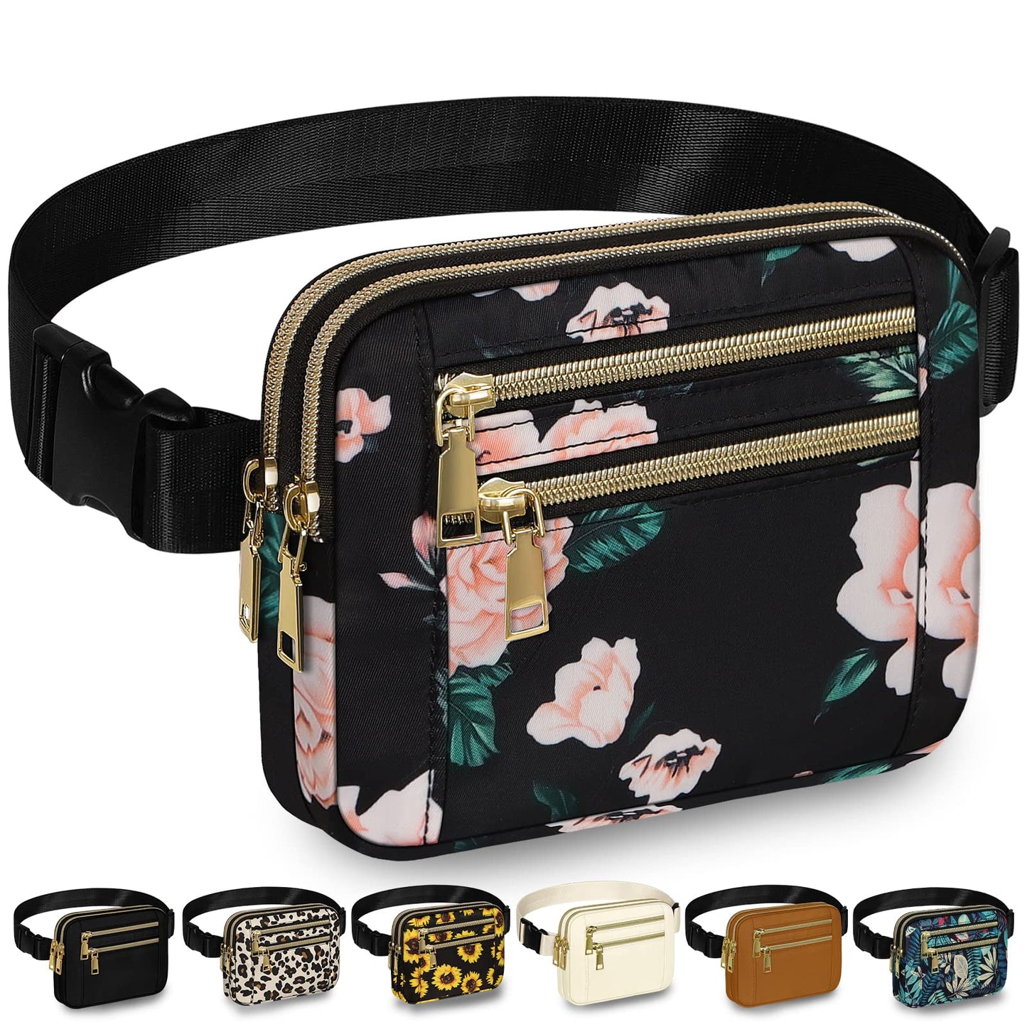 HOTCapolo Fanny Packs for Women Fashion Waist Packs Bag with Adjustable Strap and 4 Zipper Pockets Waterproof Everywhere Crossbody Belt Bag for Workout Running Travelling(Black, Large)