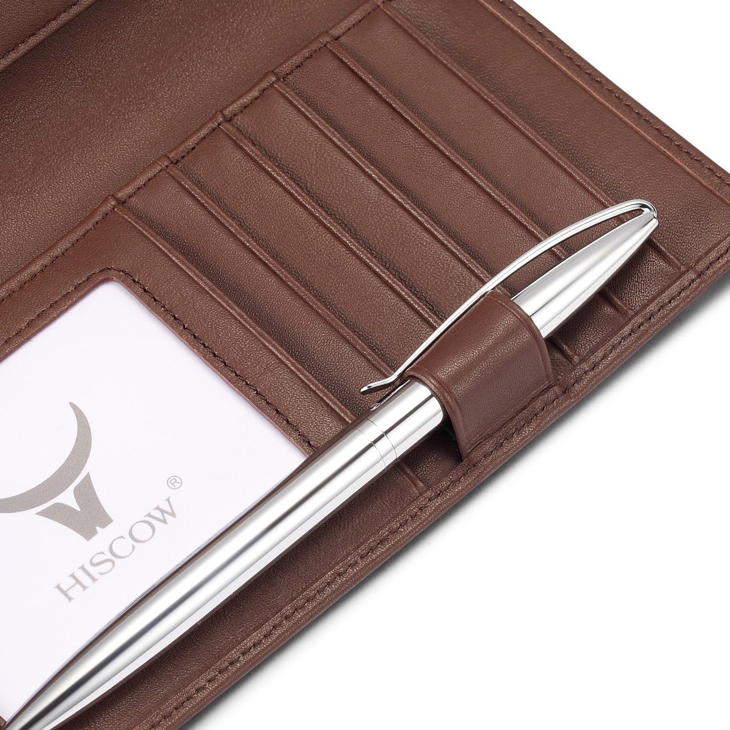HOTHISCOW Leather Checkbook Cover with Card Slots & Pen Holder, Brown | Full grain cowhide, 5cc & ID window, personal check book & register pockets, removable duplicate divider, gifts for women men