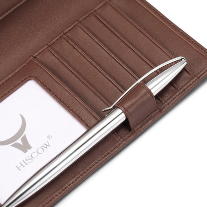 HOTHISCOW Leather Checkbook Cover with Card Slots & Pen Holder, Brown | Full grain cowhide, 5cc & ID window, personal check book & register pockets, removable duplicate divider, gifts for women men