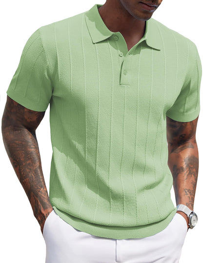 HOTCOOFANDY Mens Knit Polo Shirts Short Sleeve Ribbed Textured Polo Shirt Lightweight Casual Golf Shirts Collared T Shirt