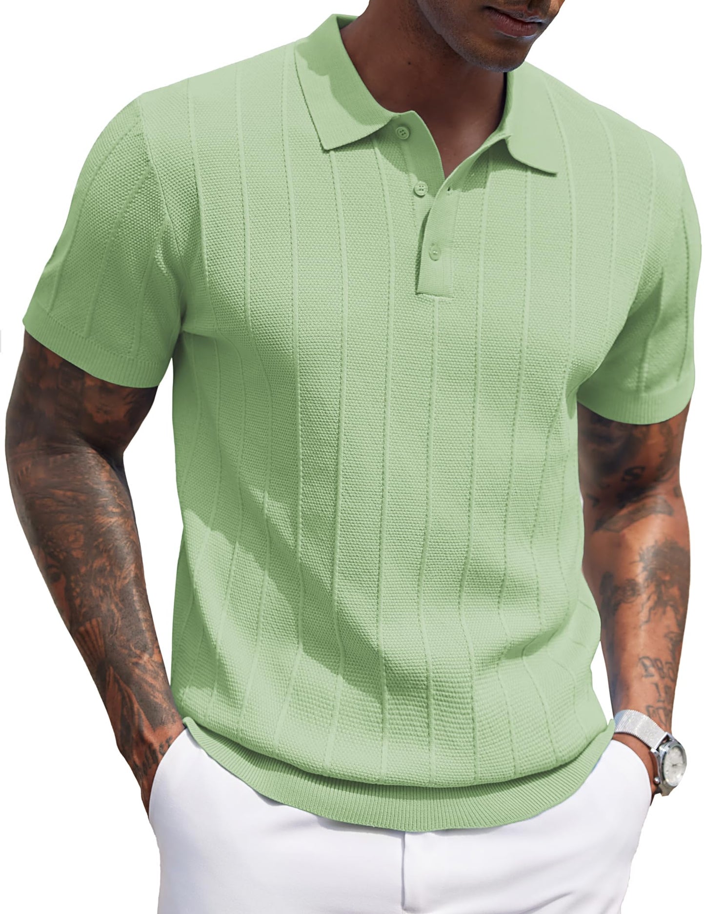 HOTCOOFANDY Mens Knit Polo Shirts Short Sleeve Ribbed Textured Polo Shirt Lightweight Casual Golf Shirts Collared T Shirt