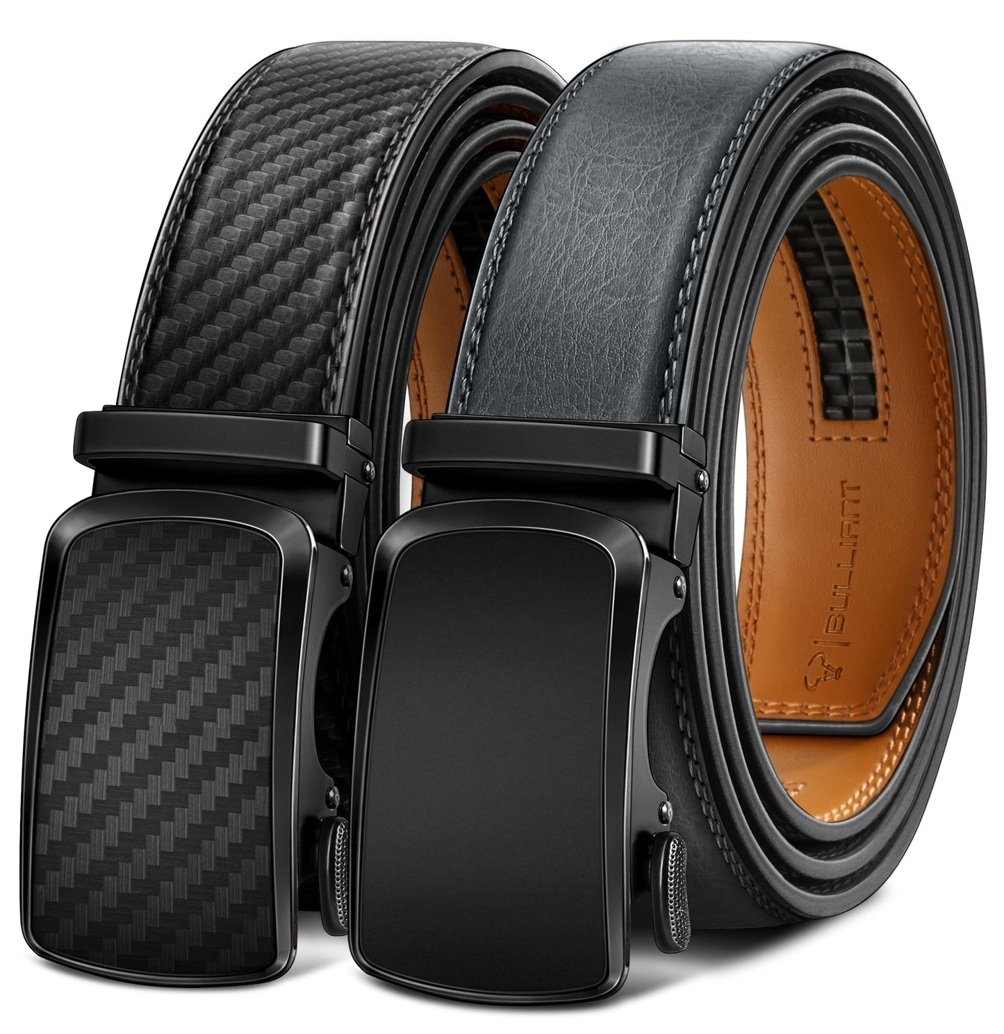 HOTBULLIANT Men's Ratchet Leather Belt Trimmable 2Pack 1 3/8"-Gift Boxed | Smooth Sliding | Precise Fit | Tailored Size | Holeless for Dress or Casual