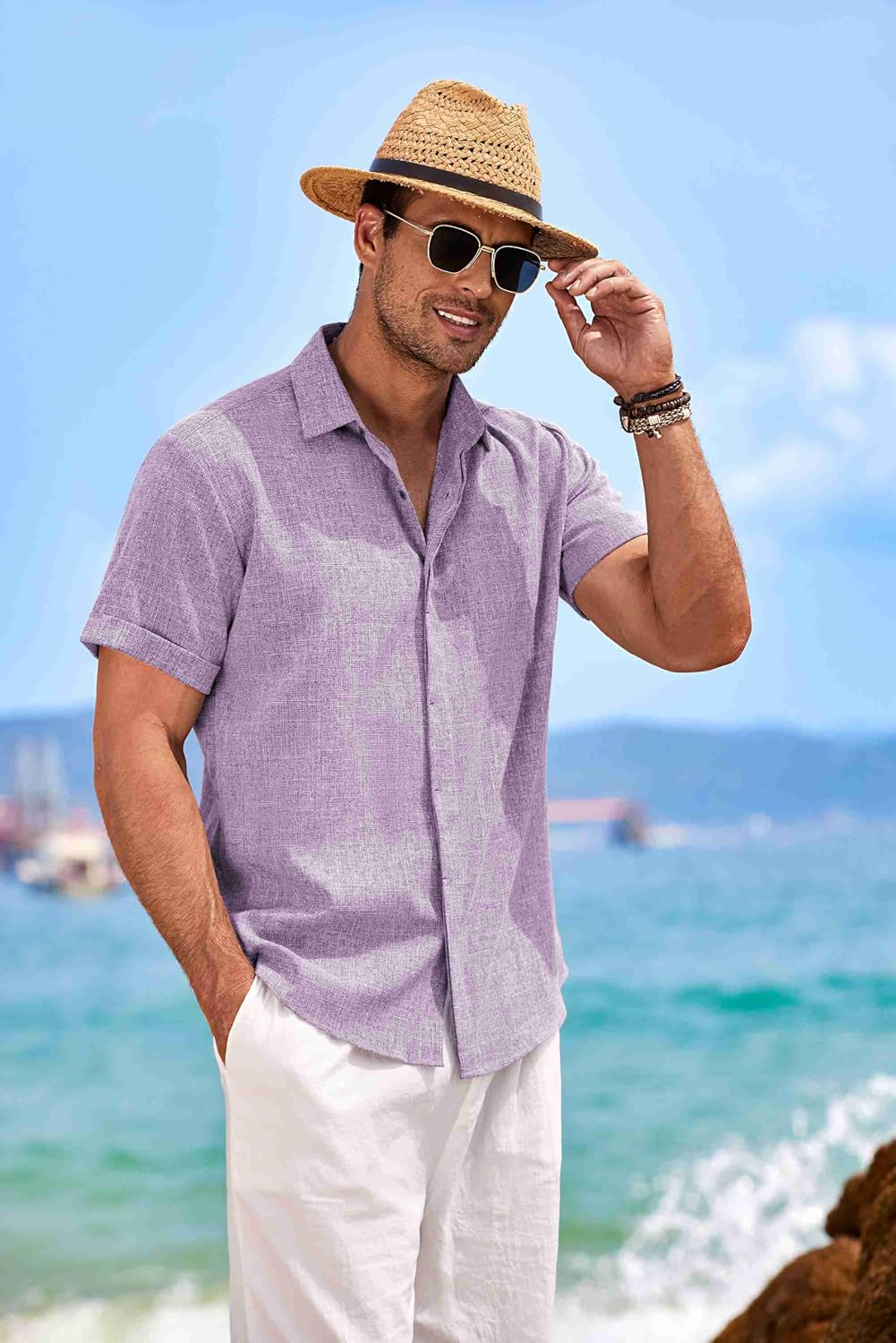 HOTCOOFANDY Men's Linen Shirts Short Sleeve Casual Shirts Button Down Shirt for Men Beach Summer Wedding Shirt