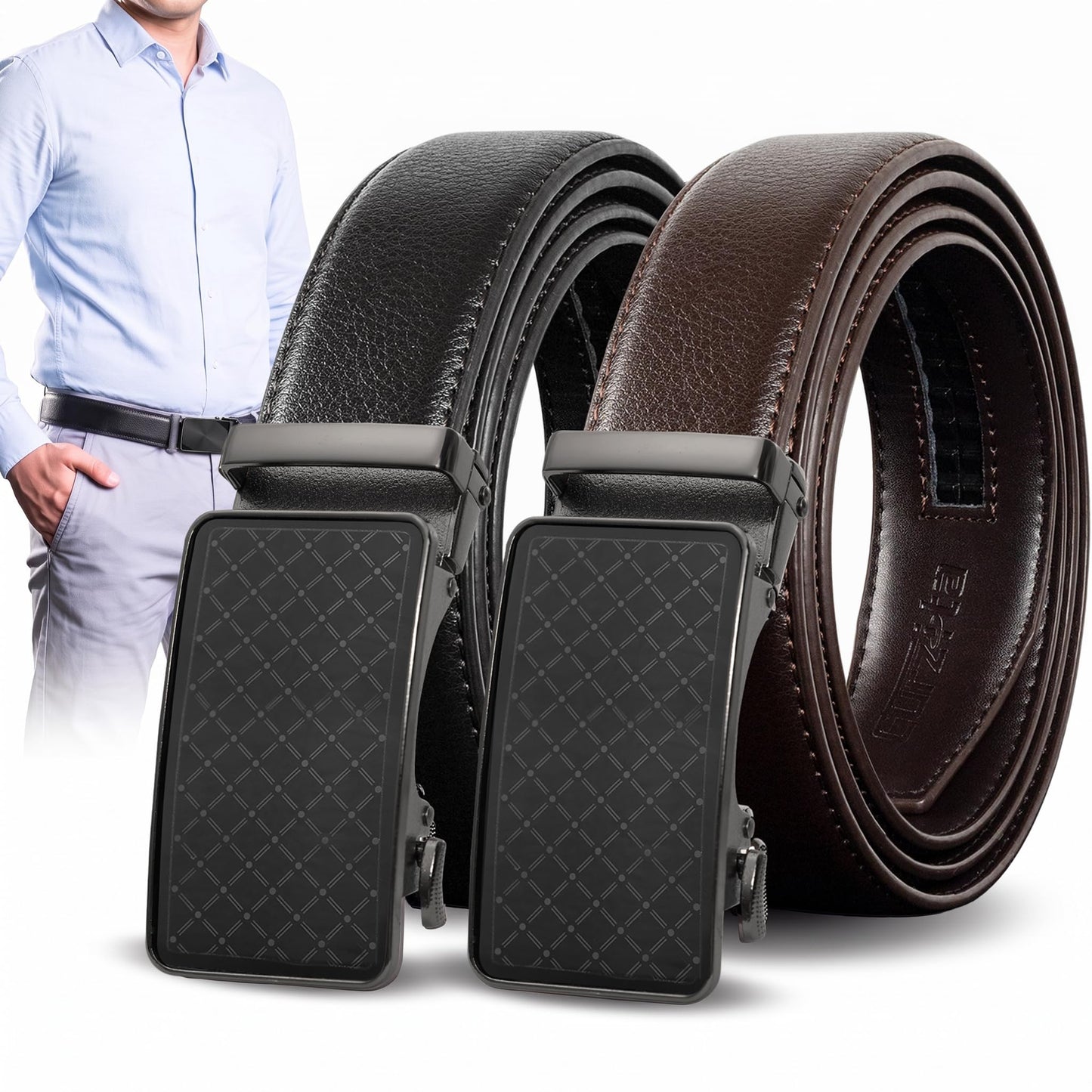 HOTMen's Leather Ratchet Belt 2 Pack,Adjustable Ratcheting Dress Belt | 1 3/8" Ratcheting Belt,Holeless Design, 1/5" Micro-Adjustments,Trim to Fit,Easy One-Hand Release with Gift Box