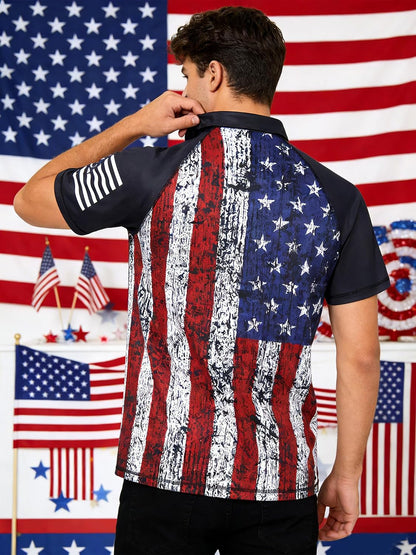 HOTRAISEVERN Mens American Flag Print Golf Polo Shirt Patriotic Raglan Sleeve Tees