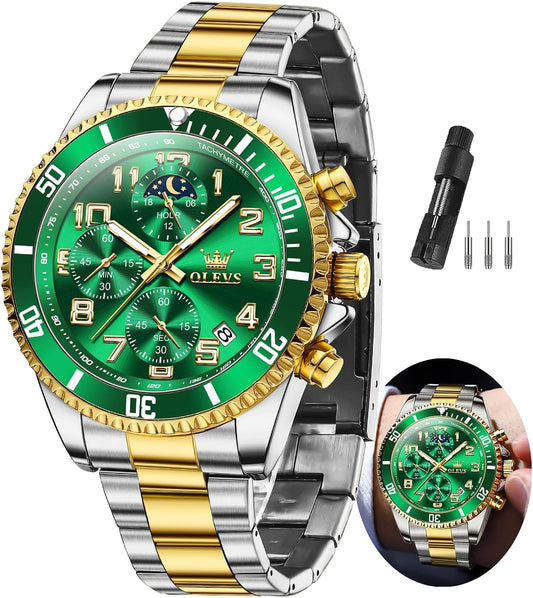 HOTOLEVS Watches Men Waterproof Luxury Big Face Mens Watch Stainless Steel Day Date Quartz Analog Dress Watches for Men Luminous Reloj para Hombres (Green/Blue/Black/Gold)