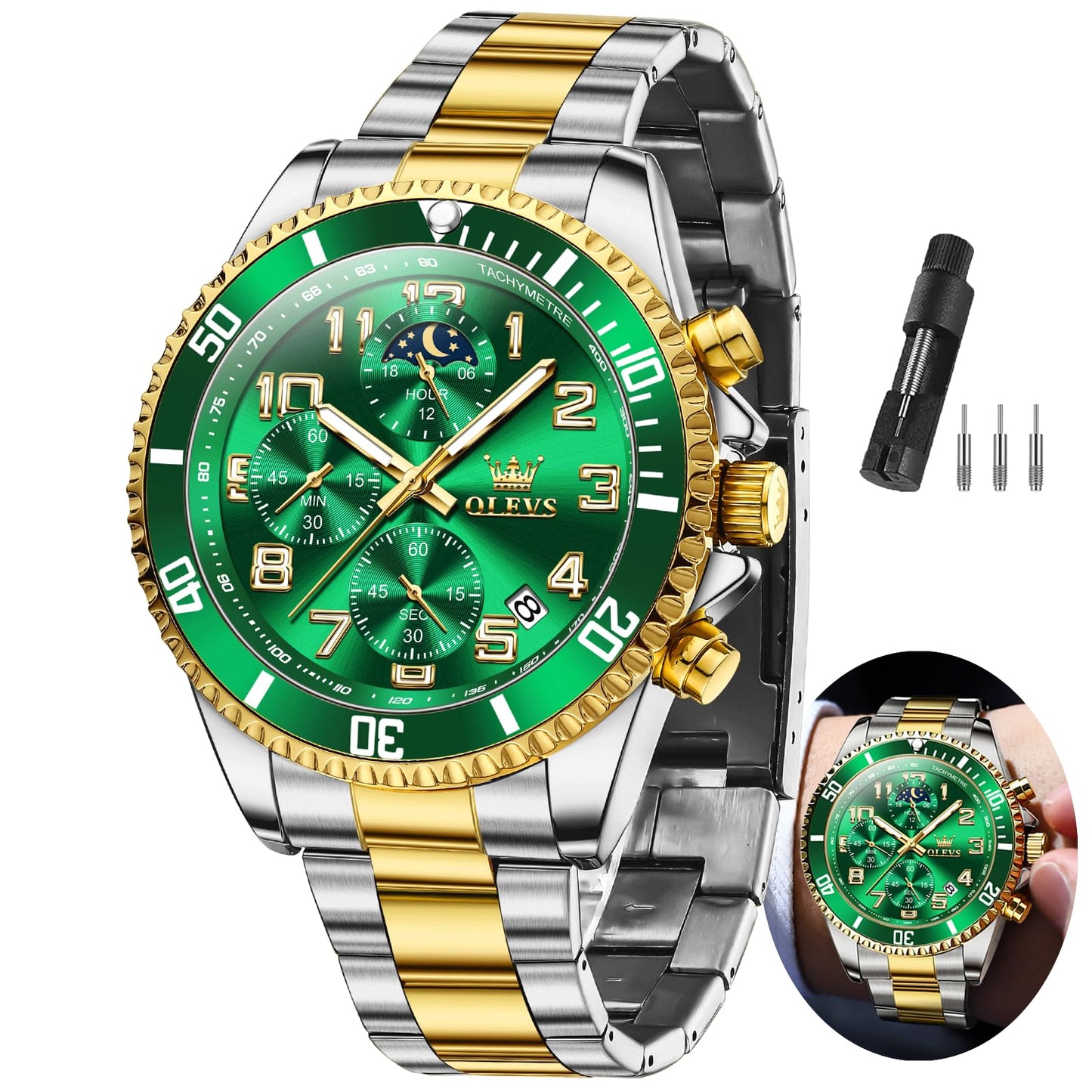 HOTOLEVS Watches Men Waterproof Luxury Big Face Mens Watch Stainless Steel Day Date Quartz Analog Dress Watches for Men Luminous Reloj para Hombres (Green/Blue/Black/Gold)