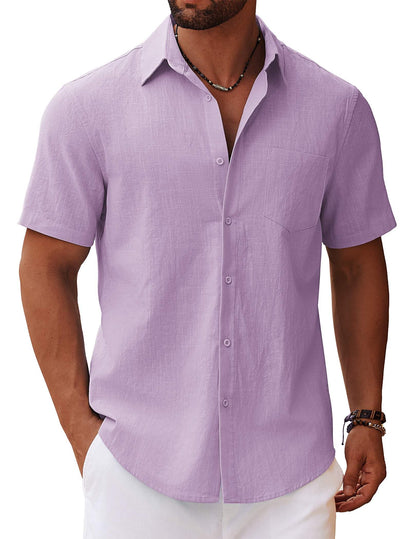HOTCOOFANDY Men's Button Down Short Sleeve Shirt Casual Cotton Summer Beach Linen Wedding Shirts with Pocket