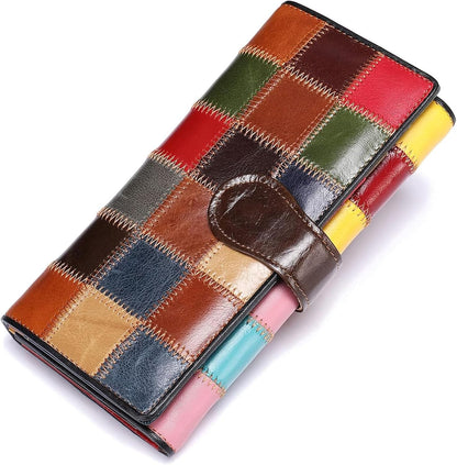 HOTMASIWEI Genuine Leather Patchwork Wallet for Women Multicolor Trifold Wallets Ladies Card Holder Money Organizer with Coin Purse
