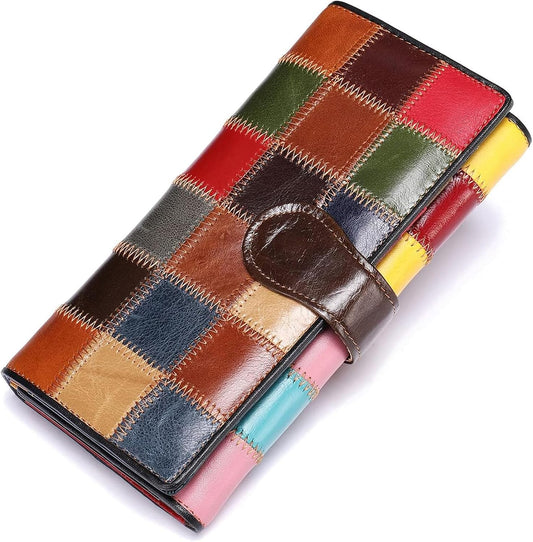 HOTMASIWEI Genuine Leather Patchwork Wallet for Women Multicolor Trifold Wallets Ladies Card Holder Money Organizer with Coin Purse