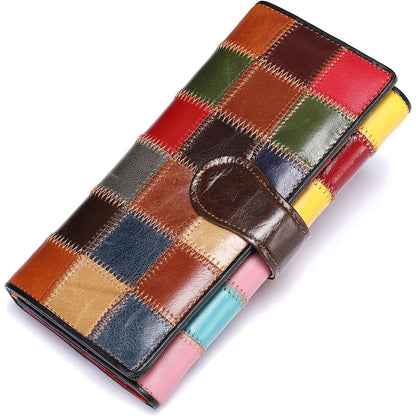 HOTMASIWEI Genuine Leather Patchwork Wallet for Women Multicolor Trifold Wallets Ladies Card Holder Money Organizer with Coin Purse