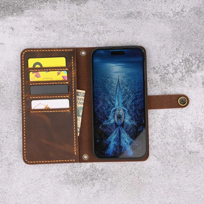 HOTPersonalized Leather Wristlet Wallet Case for iPhone 17/16/15/14 Pro Max | Handmade Vintage Style
