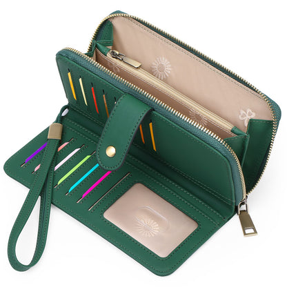 HOTGAEKEAO Wallet for Women Clutch RFID Blocking Wristlet Leather Purse Large Capacity Credit Card Holder with Grip Hand Strap