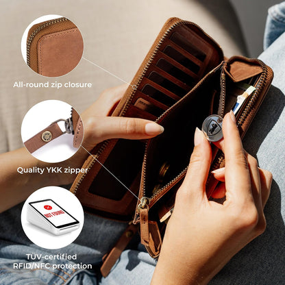 HOTBERLINER BAGS Genuine Leather Zip Wallet Women Margo, Gift Box – Brown | Soft Leather Zip Around Wallet, Fit up to Phone 6.9", 12 Card Slots, 1 ID Window, 1 Coin Pocket, RFID Blocking