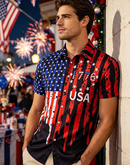 HOTuideazone Mens 4th of July American Flag Patriotic Shirt M-XXL | USA Short Sleeve Button Up Shirt for Independence Day, Memorial Days, Flag Day, 4th of July Parties, Beach Trips and Daily