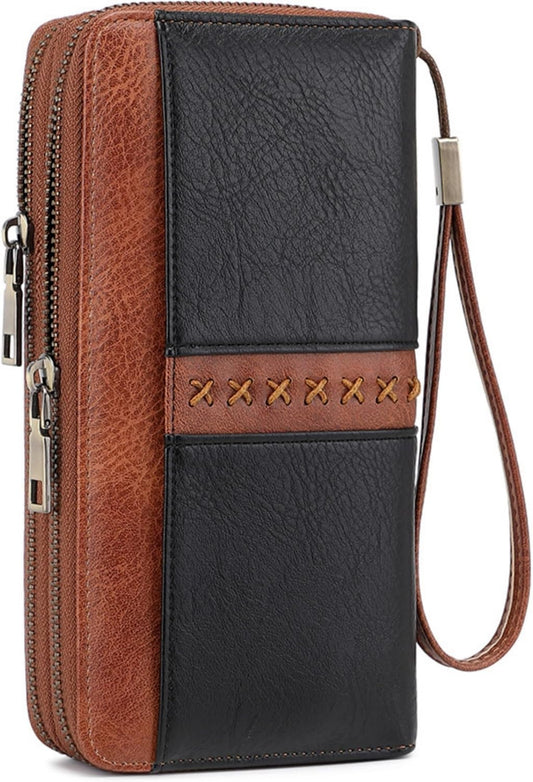 HOTLarge Capacity Women's Leather Wallet - RFID Blocking Double Zipper Around Wristlet Clutch Credit Card Holder
