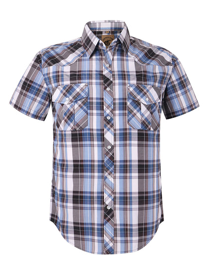 HOTCOEVALS CLUB Men's Western Cowboy Short Sleeve Pearl Snap Casual Plaid Work Shirts