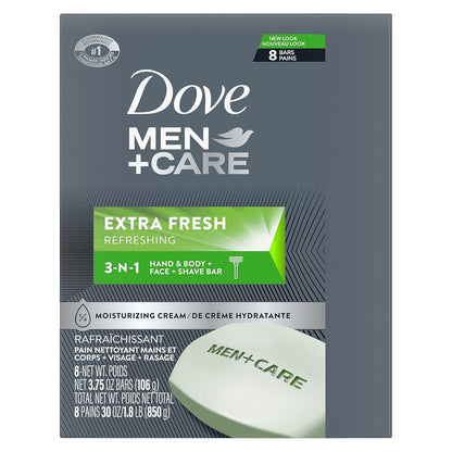 HOTDOVE MEN + CARE 3 in 1 Bar Cleanser for Body, Face, and Shaving Extra Fresh Body and Facial Cleanser More Moisturizing Than Bar Soap to Clean and Hydrate Skin 3.75 Ounce (Pack of 8)