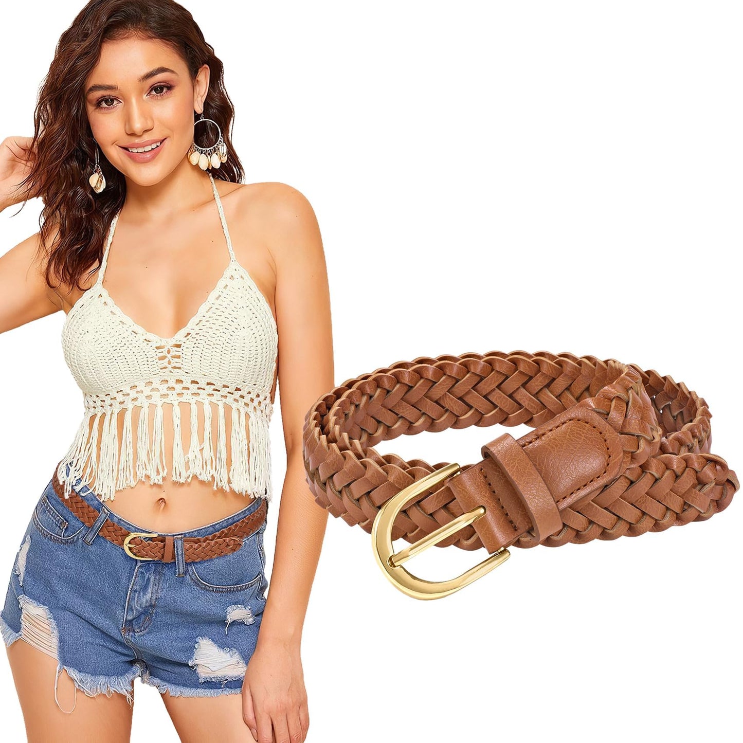 HOTWHIPPY Women Braided Belt Skinny Casual Soft Faux Leather Woven Belt for Jeans Pants