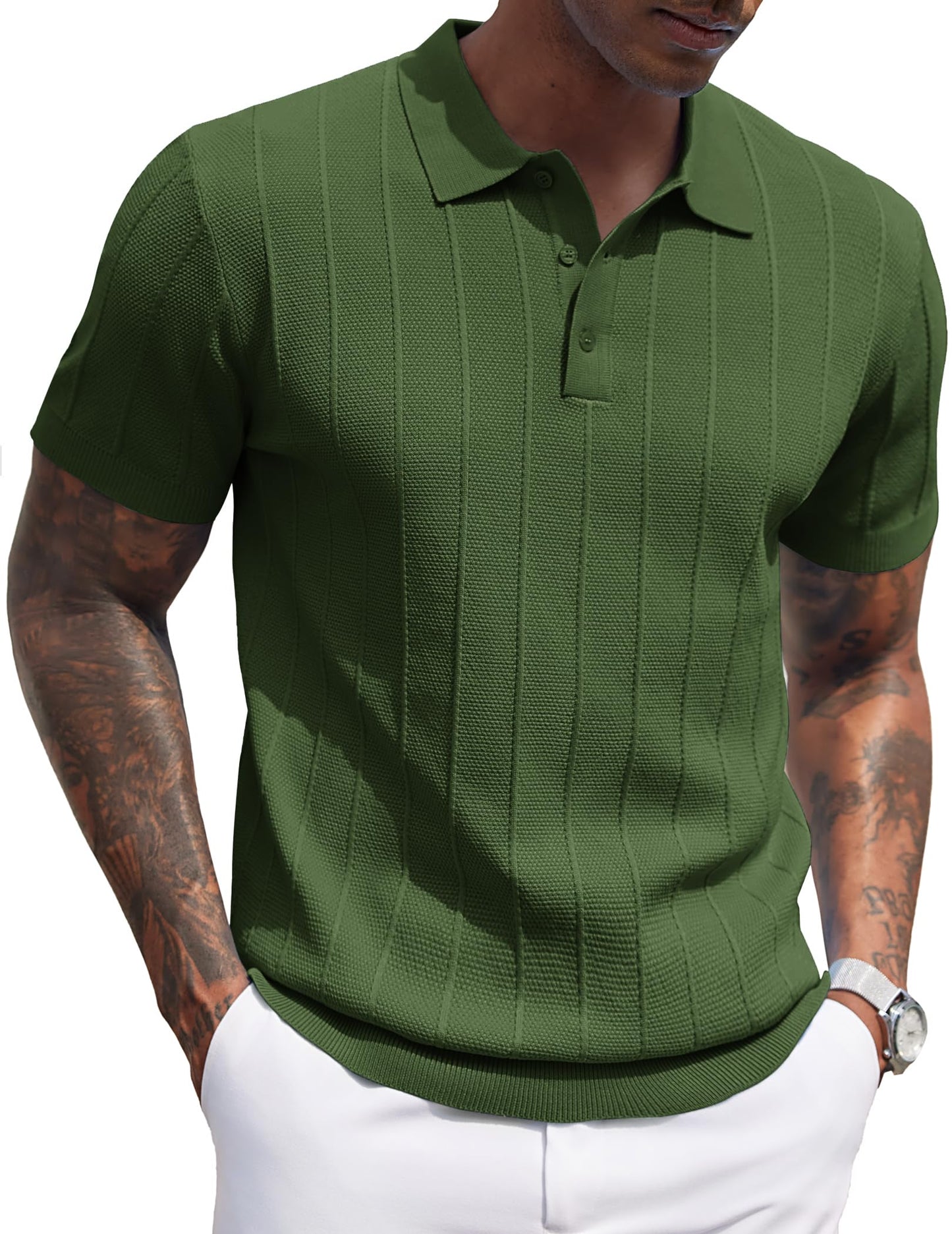 HOTCOOFANDY Mens Knit Polo Shirts Short Sleeve Ribbed Textured Polo Shirt Lightweight Casual Golf Shirts Collared T Shirt