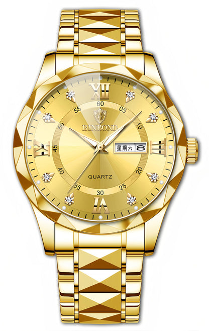 HOTGosasa Luxury Men's and Women's Business Diamond Stainless Steel Waterproof Roman Numeral Analog Quartz Watch with Day-Date Calendar, Gold and Silver Tone