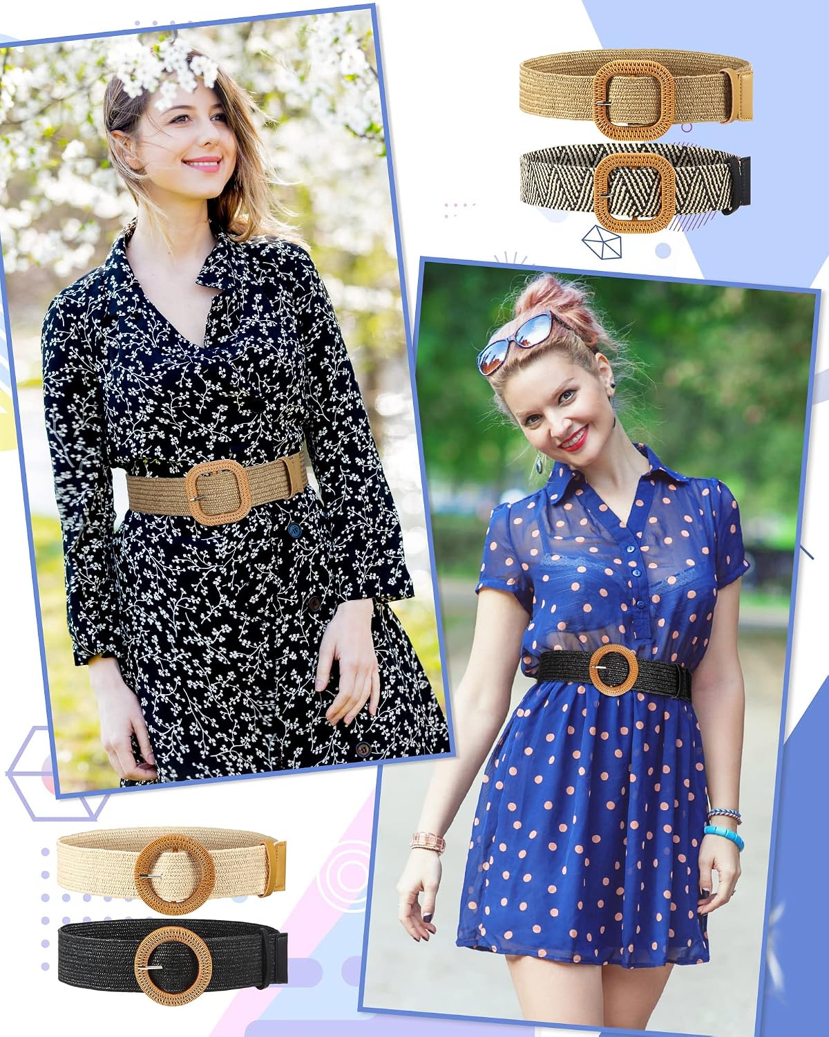 HOTWILLBOND 4 Pcs Women's Elastic Raffia Woven Belt, Boho Rattan Buckle Stretch Straw Wide Waist Belt for Dresses Jeans Pants