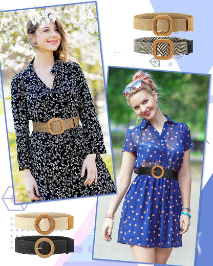 HOTWILLBOND 4 Pcs Women's Elastic Raffia Woven Belt, Boho Rattan Buckle Stretch Straw Wide Waist Belt for Dresses Jeans Pants