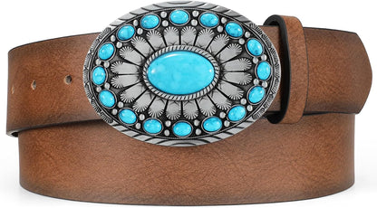 HOTXZQTIVE Women Western Leather Belt Vintage Country Belts For Cowgirl Jeans Dresses Ladies Concho Belt With Turquoise Buckle