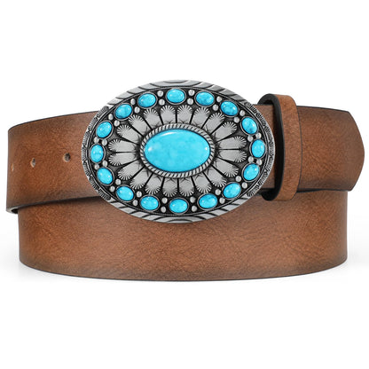 HOTXZQTIVE Women Western Leather Belt Vintage Country Belts For Cowgirl Jeans Dresses Ladies Concho Belt With Turquoise Buckle