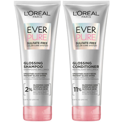 HOTL’Oreal Paris Sulfate Free Glossing Shampoo and Conditioner Set with Glycolic Acid, Provides Intense Glass Shine & Smoothness, Suitable for Dull, Dry, and Color-Treated Hair, EverPure, 13.6 Fl Oz Set