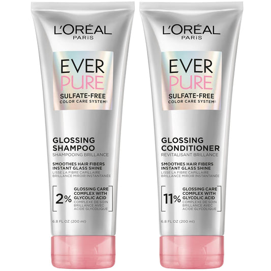 HOTL’Oreal Paris Sulfate Free Glossing Shampoo and Conditioner Set with Glycolic Acid, Provides Intense Glass Shine & Smoothness, Suitable for Dull, Dry, and Color-Treated Hair, EverPure, 13.6 Fl Oz Set