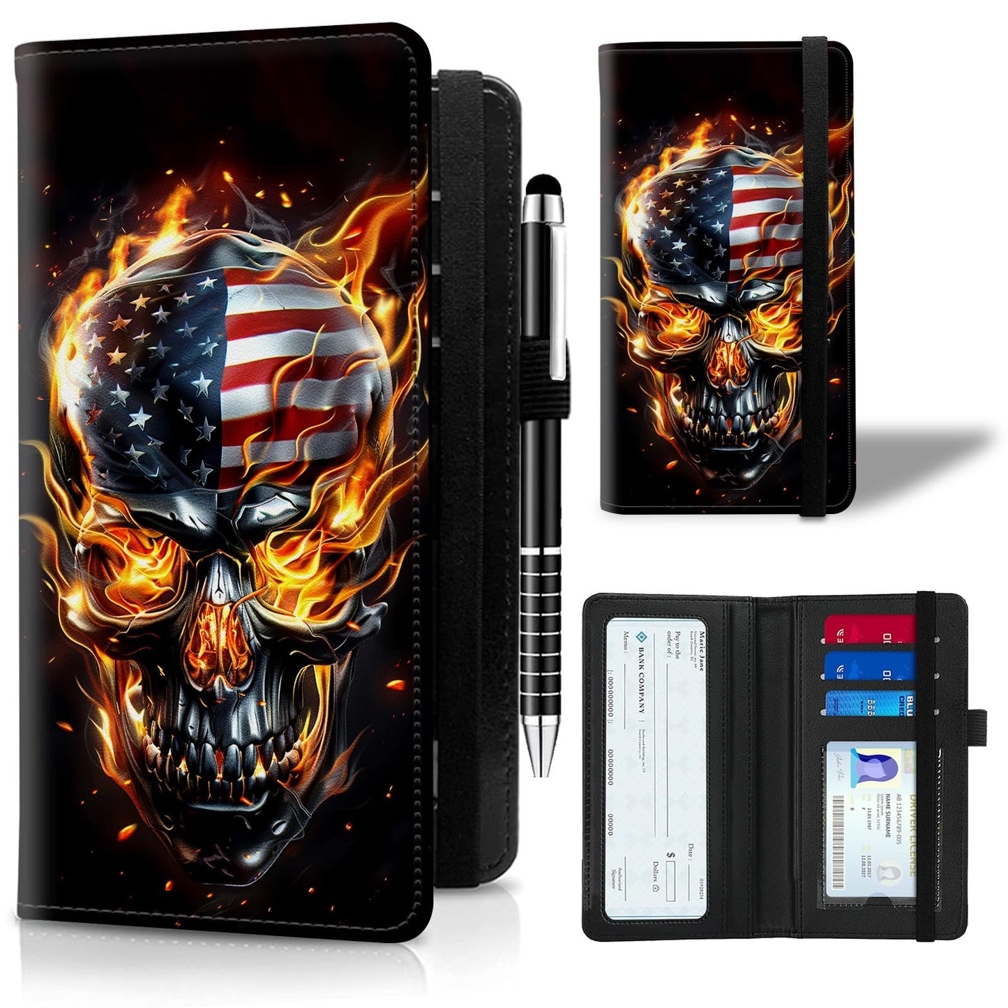 HOTLeather Checkbook Cover for Men Women Personal Checkbook Holder RFID Blocking Check Book Holder Cover for Duplicate Checks,with A Pen,American Flag Wood