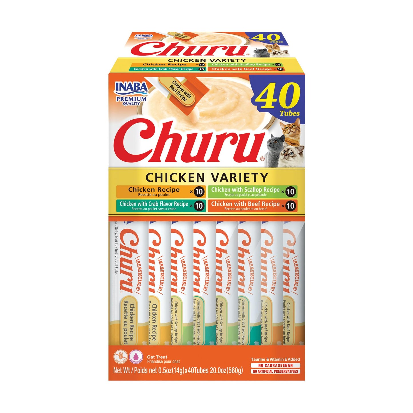 HOTINABA Churu Cat Treats, Lickable, Squeezable Creamy Purée Cat Treat with Green Tea Extract & Taurine, 0.5 Ounces Each Tube, 50 Tubes, Tuna & Chicken Variety