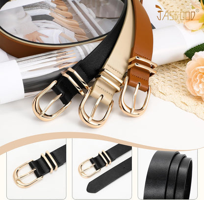 HOTJASGOOD 3 Pack Women Leather Belts For Jeans Dresses Pants Ladies Faux Leather Waist Belt with Gold Buckle