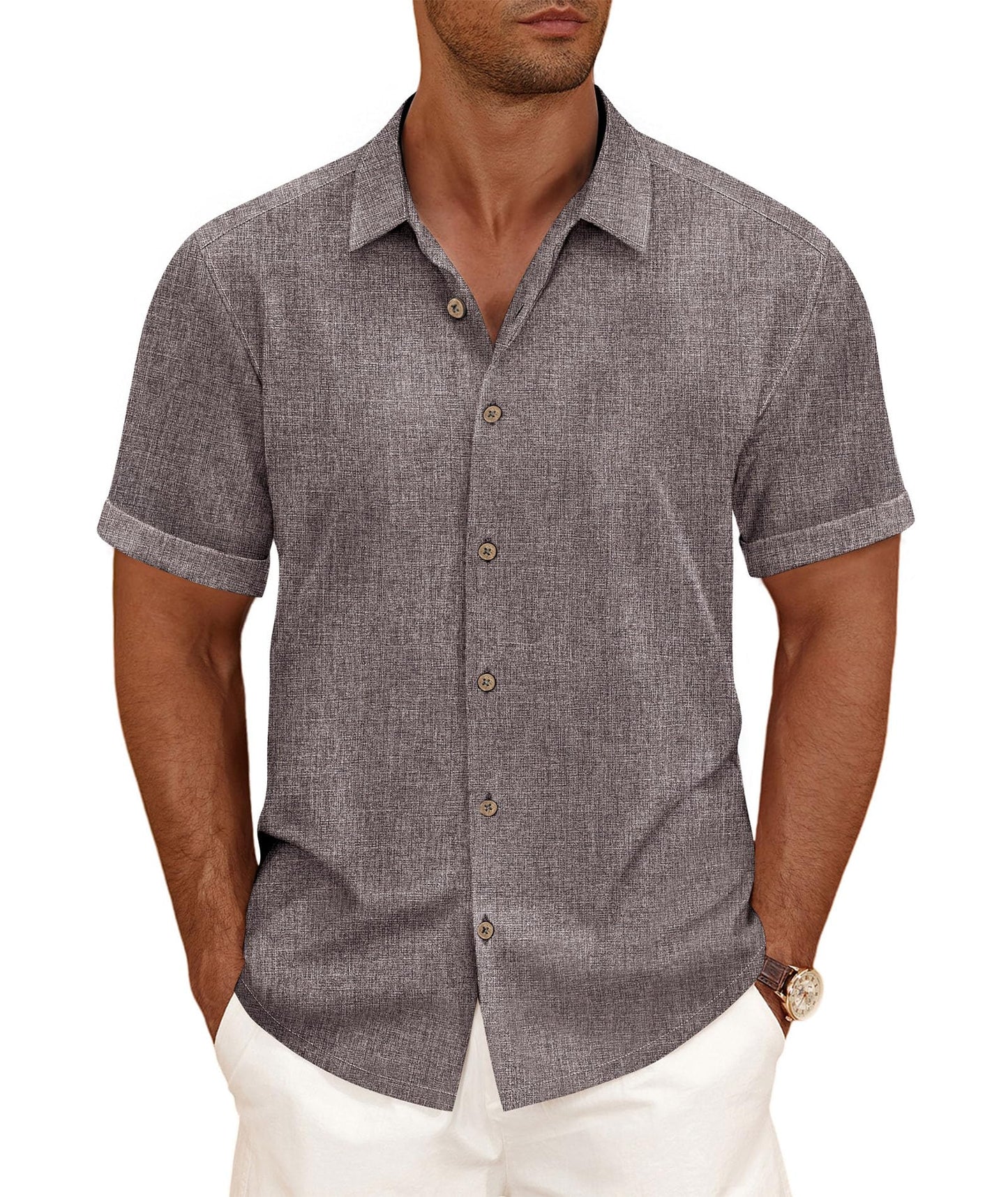 HOTCURBODO Linen Blend Shirts for Men Casual Short Sleeve Button Down Shirt Cool Summer Beach Wedding Vacation Tops