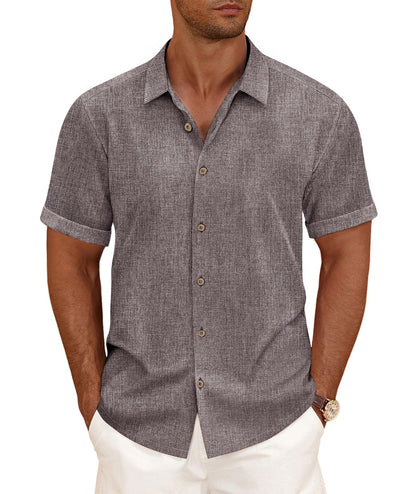 HOTCURBODO Linen Blend Shirts for Men Casual Short Sleeve Button Down Shirt Cool Summer Beach Wedding Vacation Tops