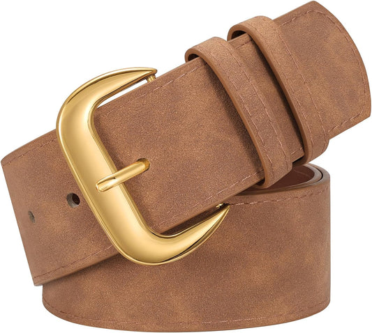 HOTWHIPPY Wide Chunky Belt for Women Dresses Fashion Ladies Thick Leather Belt with Gold Buckle