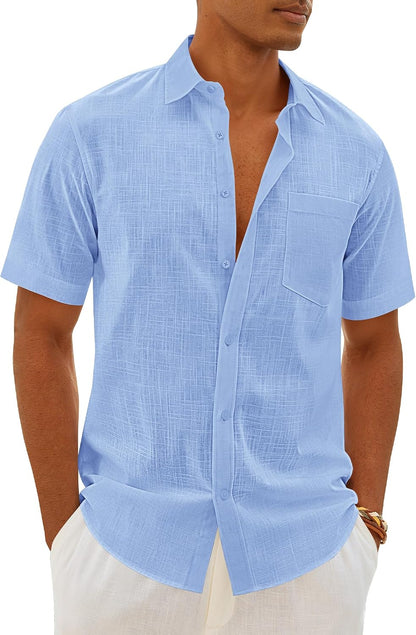 HOTMens Linen Textured Shirt Cotton Short Sleeve Summer Button Down Shirts | 100% Cotton, Linen-look Texture, Casual Wear, Breathable Feel, Lightweight, Untucked, Regular Fit, Beach, Vacation, Resort