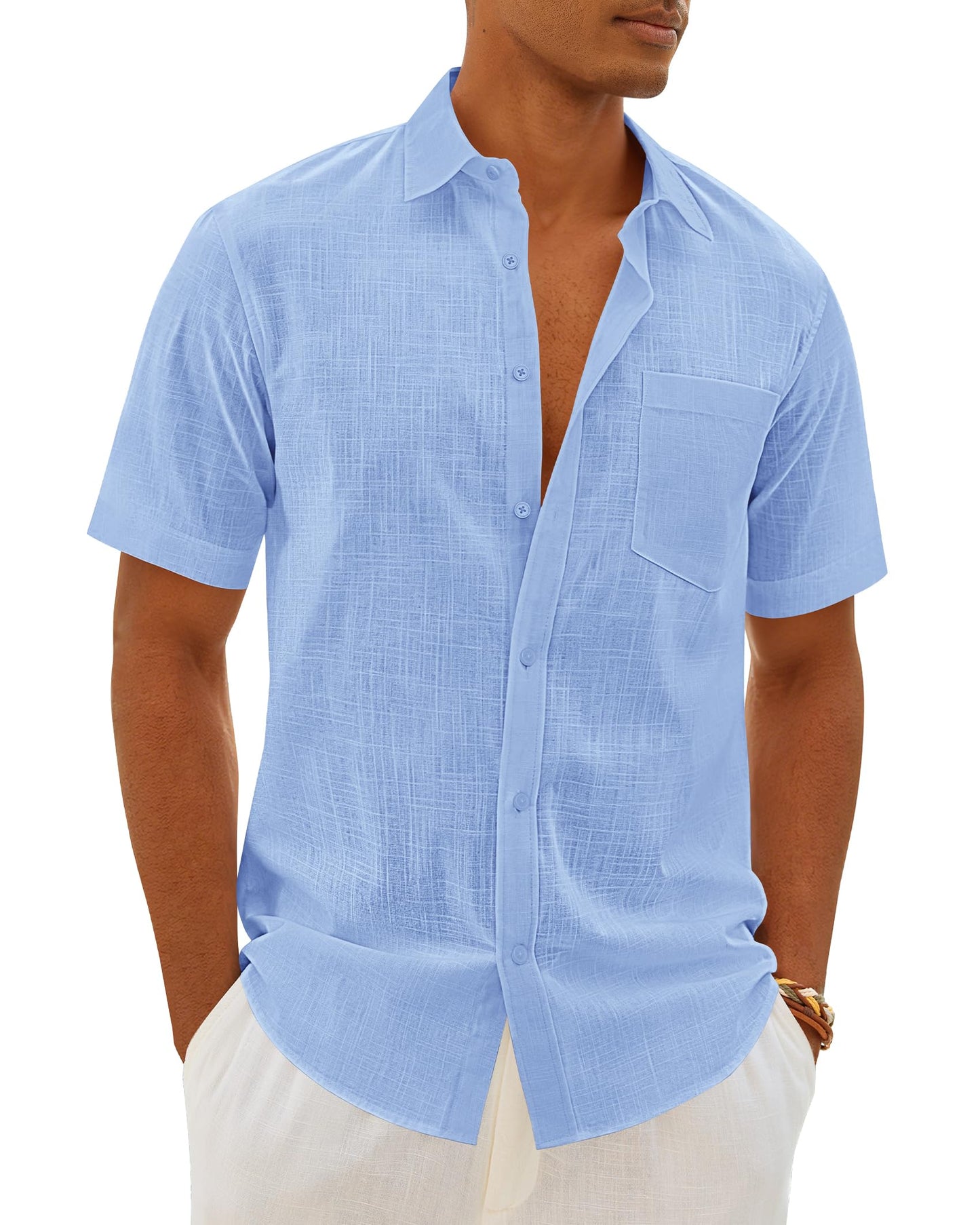 HOTMens Linen Textured Shirt Cotton Short Sleeve Summer Button Down Shirts | 100% Cotton, Linen-look Texture, Casual Wear, Breathable Feel, Lightweight, Untucked, Regular Fit, Beach, Vacation, Resort