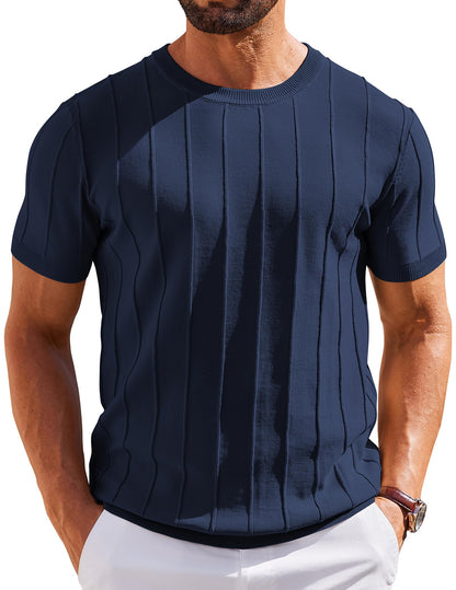 HOTCOOFANDY Men's T- Shirts Short Sleeve Knit Sweater Shirt Casual Crewneck Ribbed Pullover Tees