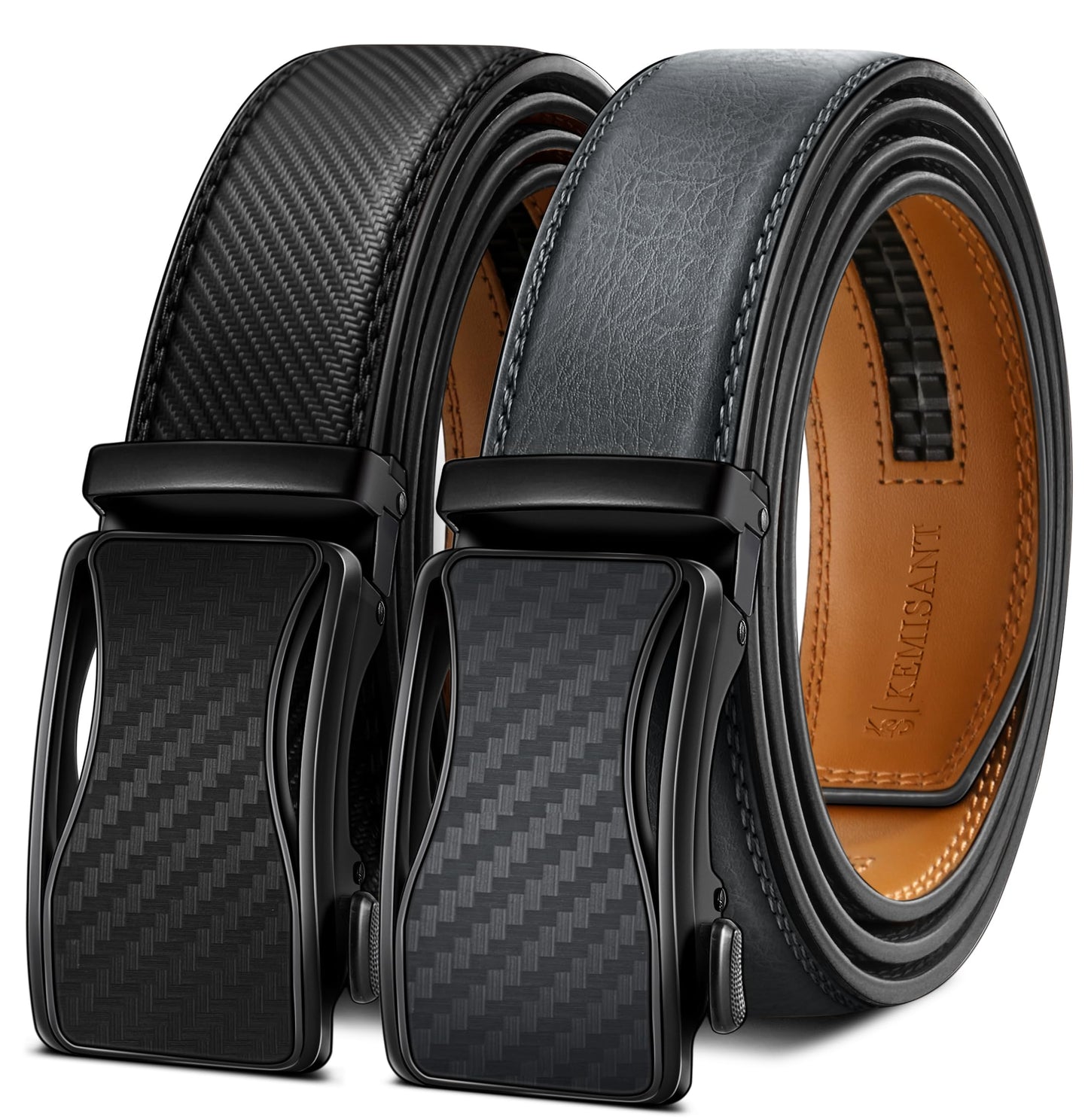 HOTKEMISANT Men's Ratchet Leather Belt 2Pack-Trimmable 1 3/8“-Gift Boxed | Smooth Sliding | Micro Adjustable Fit | Tailored Size | Holeless Understated Elegance