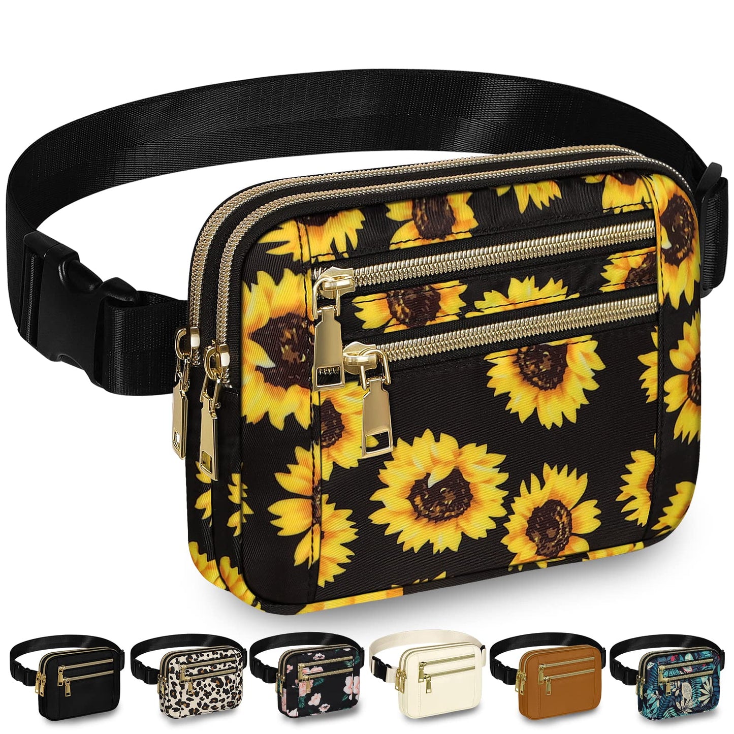 HOTCapolo Fanny Packs for Women Fashion Waist Packs Bag with Adjustable Strap and 4 Zipper Pockets Waterproof Everywhere Crossbody Belt Bag for Workout Running Travelling(Black, Large)