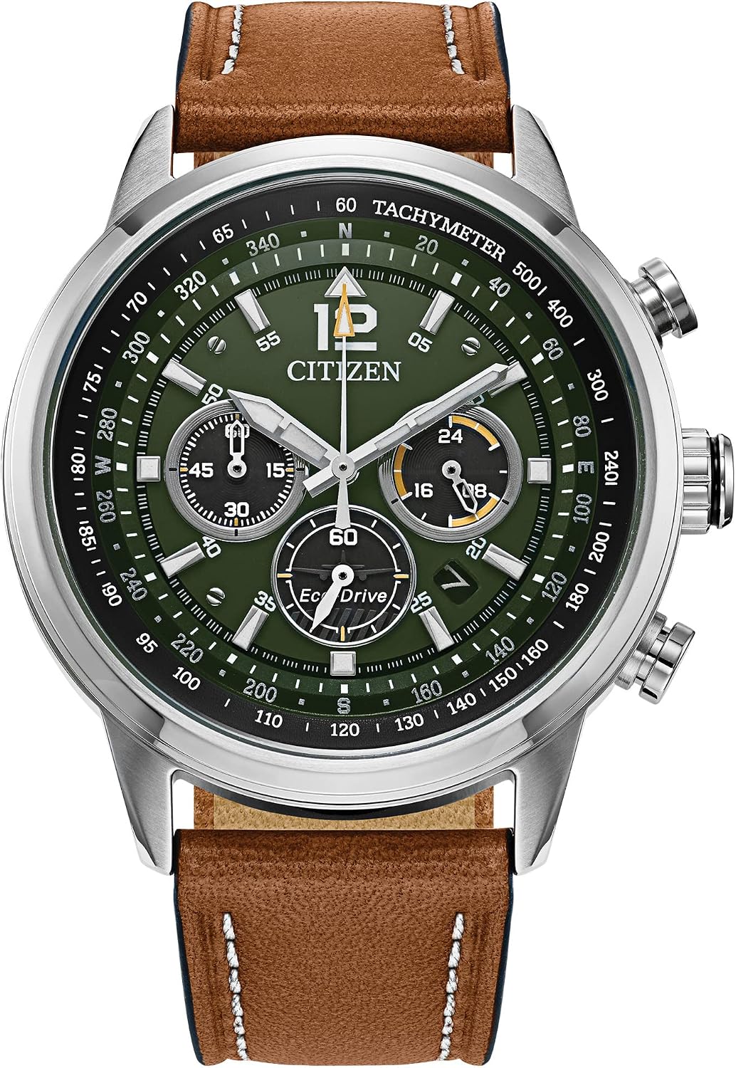 HOTCitizen Men's Sport Casual Avion Eco-Drive Chronograph Watch, Dual Time Zones, 12/24 Hour Time, Spherical Mineral Crystal, Field Watch