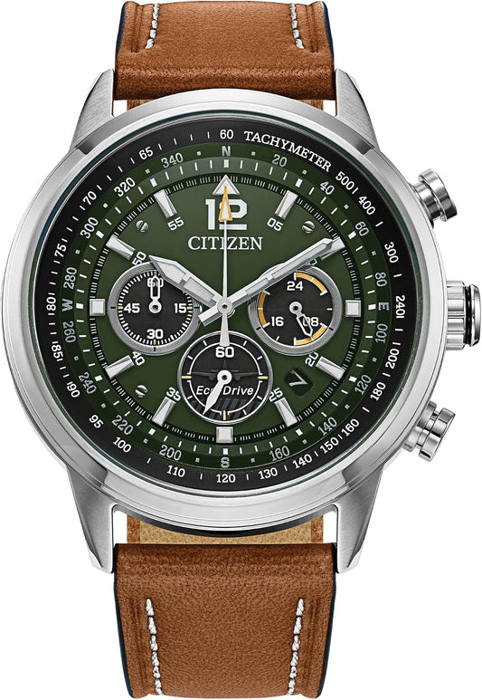 HOTCitizen Men's Sport Casual Avion Eco-Drive Chronograph Watch, Dual Time Zones, 12/24 Hour Time, Spherical Mineral Crystal, Field Watch